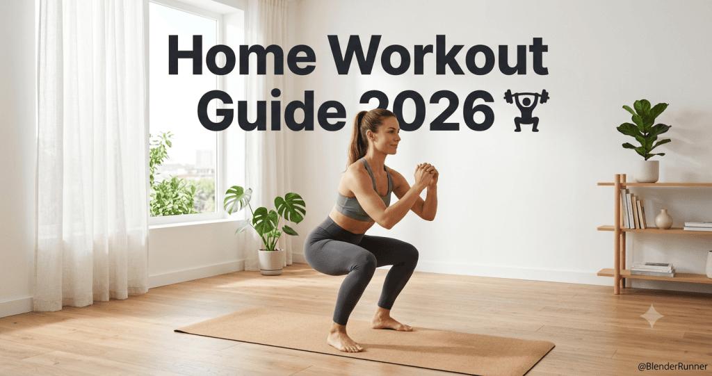 home workout guide 2026 woman squatting living room