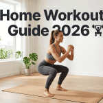 home workout guide 2026 woman squatting living room
